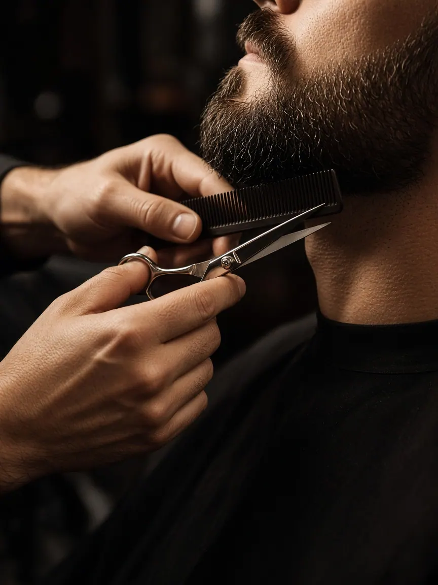 Barbeiro aparando barba com tesoura