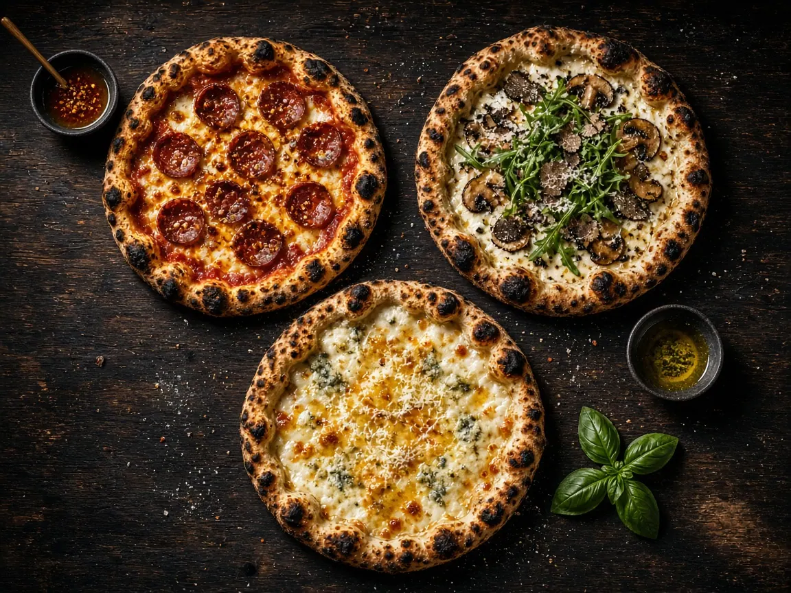 Pizzas de pepperoni, cogumelos e quatro queijos