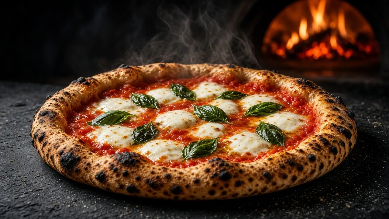 Pizza margherita napolitana saindo do forno a lenha